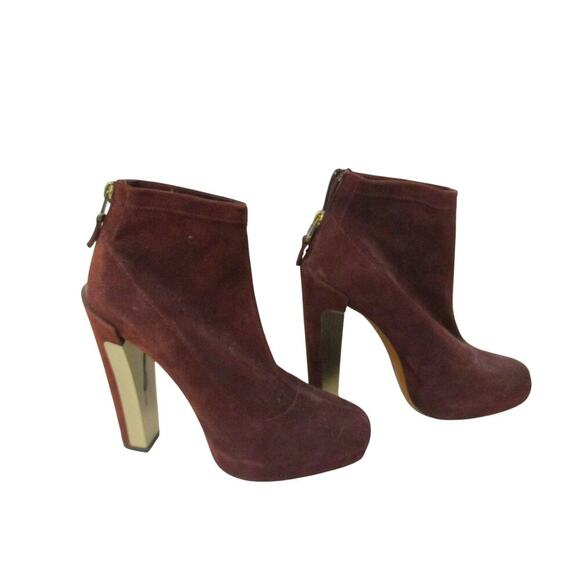 NEW Brian Atwood Edeline Gold Heel Suede Boots – Size 7 Burgundy ($450 Retail) - Picture 1 of 6